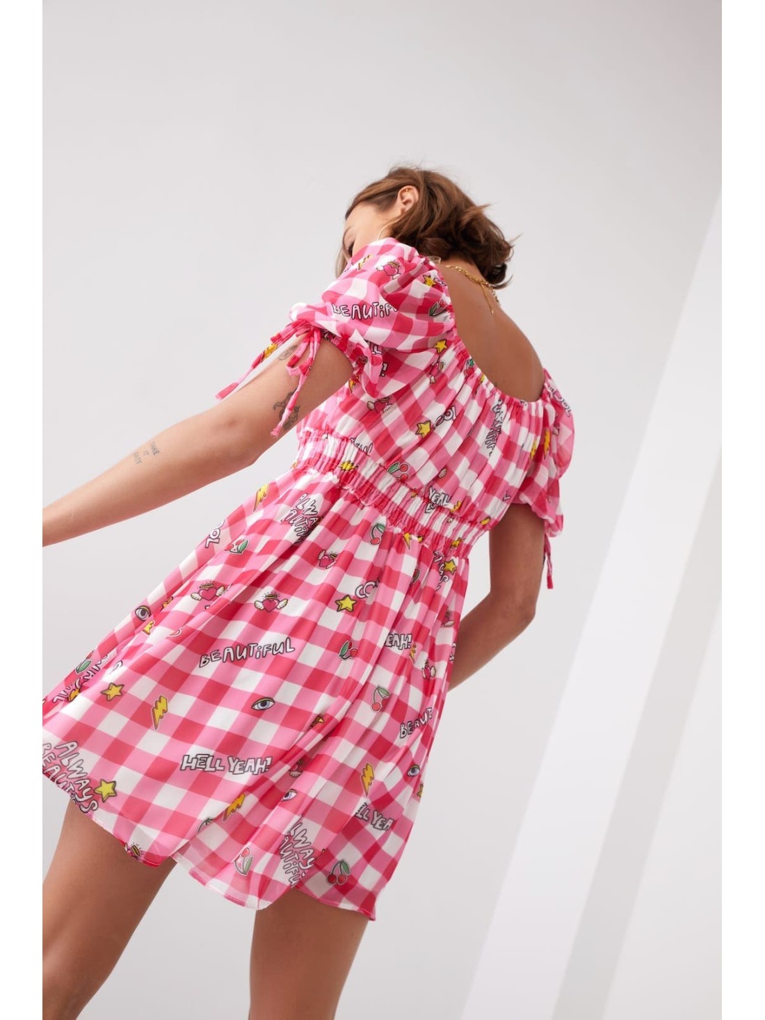 Lovely checkered dress with patterns, pink 30380 - Online store - Boutique